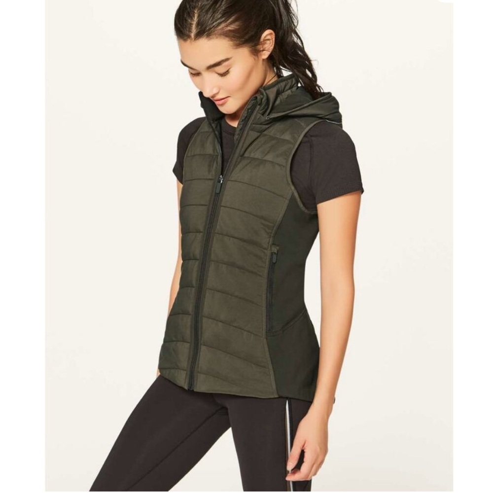 Lululemon Olive Green Extra Mile Puffer Vest with Hood Sz. 4